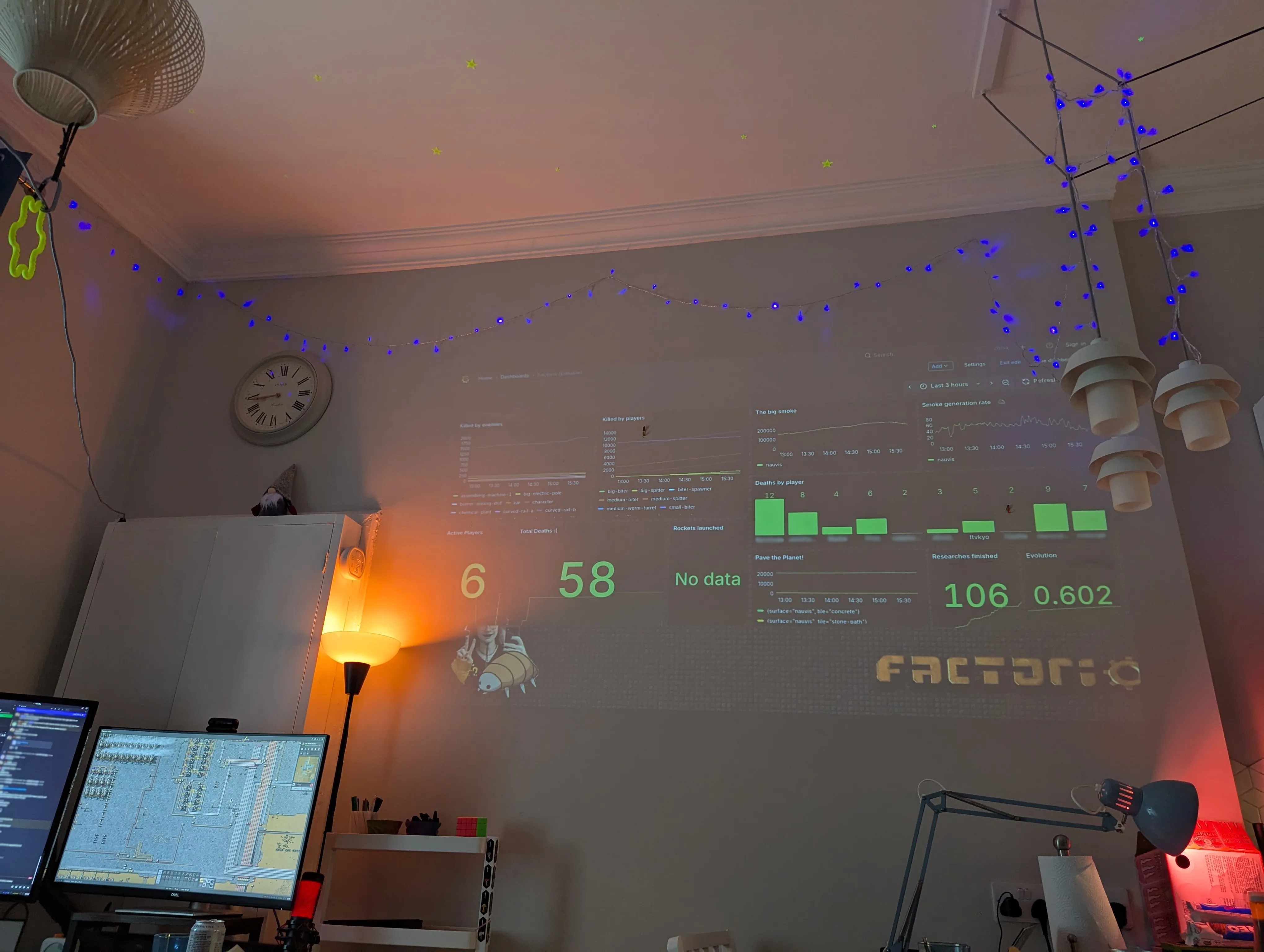 Factorio Grafana projected onto a wall in my living room