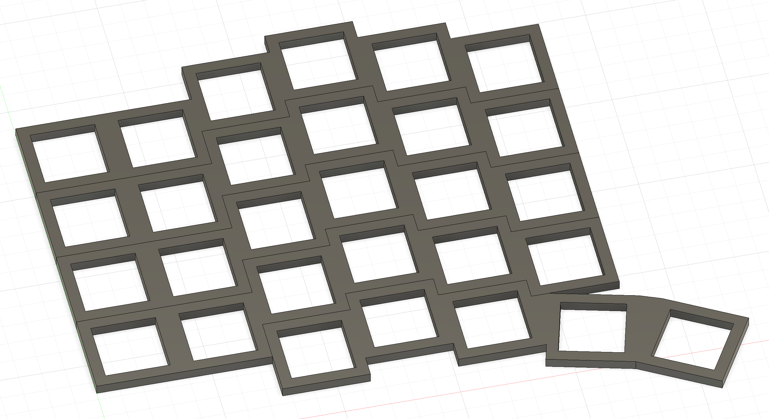 Rather than cutting holes in a plate, extrude just the key «margins» of a single row and repeat that