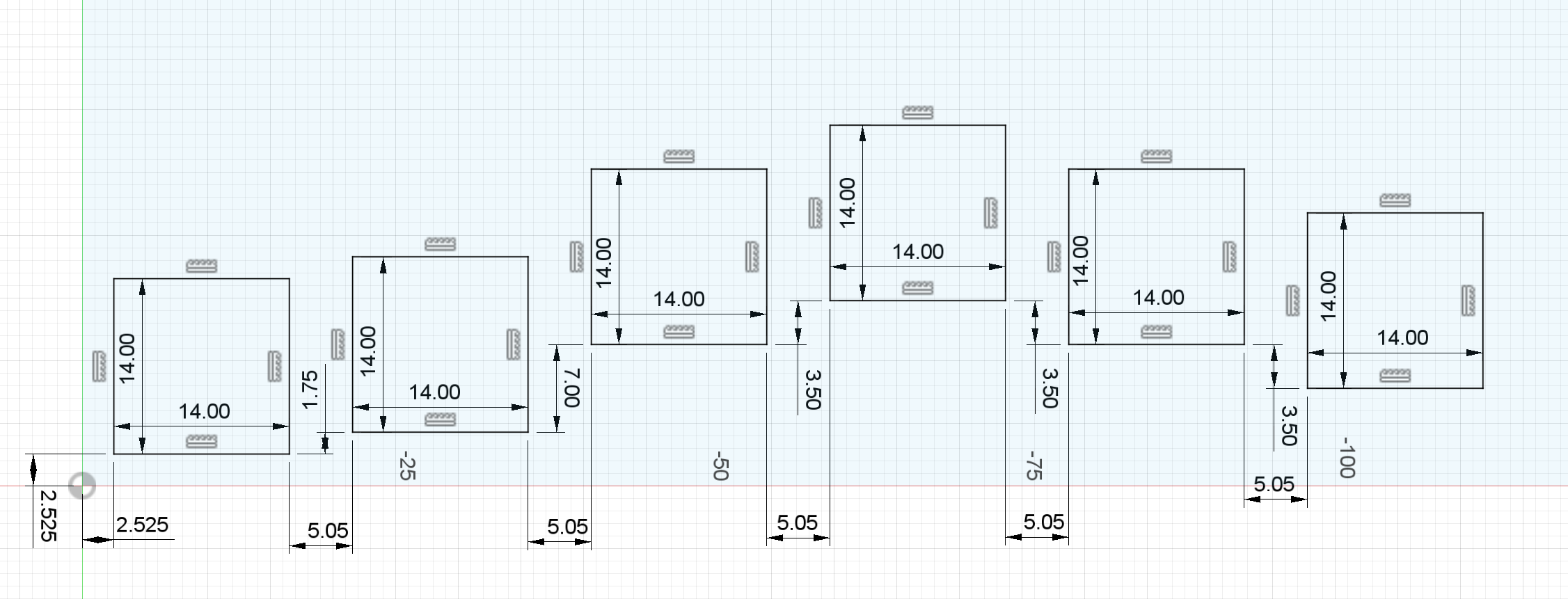 Sketching the holes for the bottom row of keys